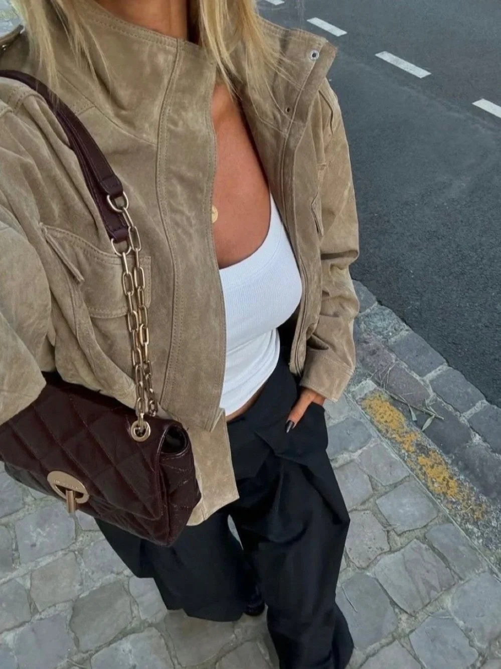 Tan leather bomber jacket